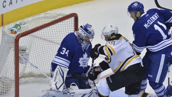 TORONTO, ONTARIO - APRIL 7 - Boston's Tyler Seguin attempts to get the puck past Leaf netminder James Reimer during 1st period action of Game 4 of NHL first round between Toronto Maple Leafs and Boston Bruins at Air Canada Centre on Wednesday, May 8, 2013. (Rick Madonik/Toronto Star via Getty Images)