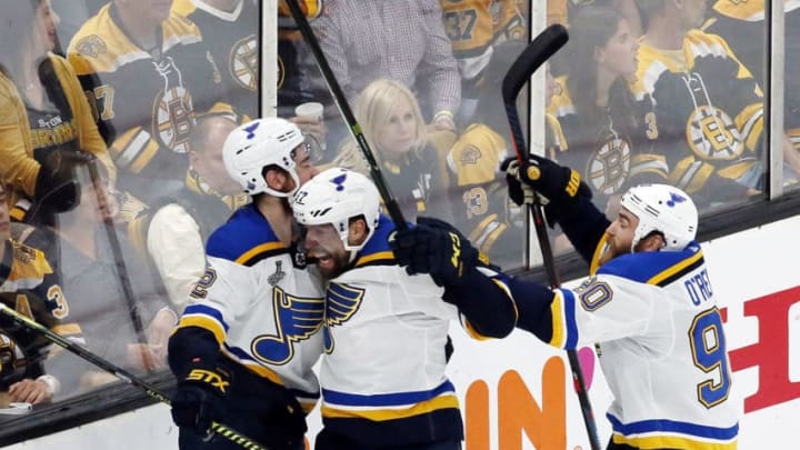 BOSTON, MASSACHUSETTS - JUNE 12: Zach Sanford #12 of the St. Louis Blues is congratulated by his teammates after scoring a third period goal against the Boston Bruins in Game Seven of the 2019 NHL Stanley Cup Final at TD Garden on June 12, 2019 in Boston, Massachusetts. (Photo by Rich Gagnon/Getty Images)