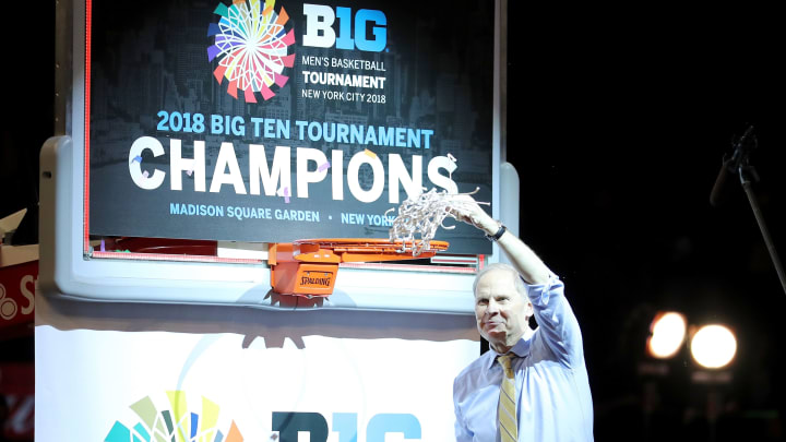 NEW YORK, NY – MARCH 04: Head coach John Beilein of the Michigan Wolverines celebrates after defeating the Purdue Boilermakers 75-66 during the championship game of the Big 10 Basketball Tournament at Madison Square Garden on March 4, 2018 in New York City. (Photo by Abbie Parr/Getty Images)