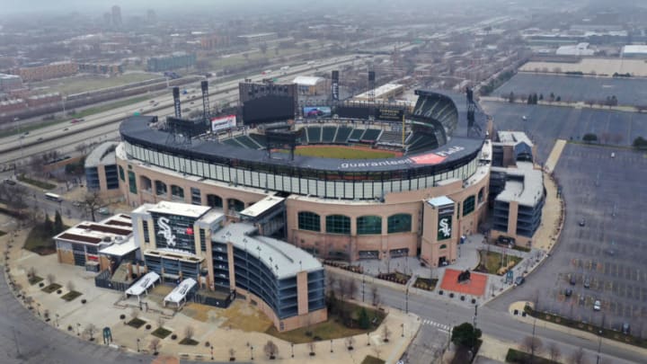 CHICAGO, ILLINOIS - MARCH 26: An aerial view from a drone shows Guaranteed Rate Field, home of the Chicago White Sox, which, like all Major League Baseball (MLB) parks sits nearly empty on what was to be opening day on March 26, 2020 in Chicago, Illinois. The White Sox were scheduled to host the Kansas City Royals at the park today. MLB has postponed the start of its season indefinitely due to the coronavirus (COVID-19) outbreak. (Photo by Scott Olson/Getty Images)