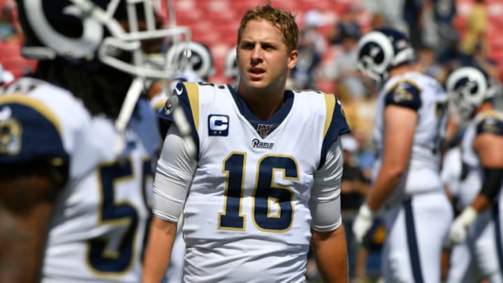 LOS ANGELES, CA - SEPTEMBER 29: Jared Goff #16 of the Los Angeles Rams seen before playing the Tampa Bay Buccaneers at Los Angeles Memorial Coliseum on September 29, 2019 in Los Angeles, California. (Photo by John McCoy/Getty Images)