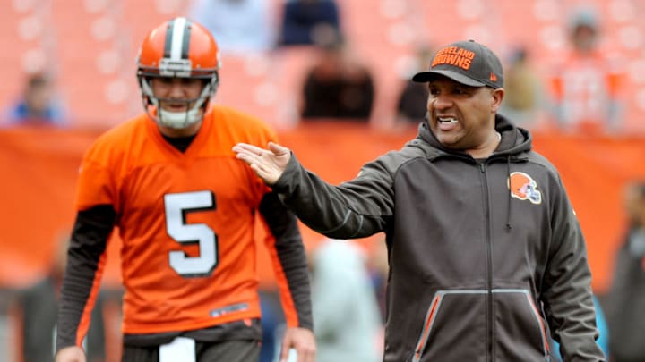 CLEVELAND, OH - MAY 14, 2016: Head coach Hue Jackson of the Cleveland Browns directs a quarterback drill during the practice portion of Fan Fest on May 14, 2016 at FirstEnergy Stadium in Cleveland, Ohio. (Photo by Nick Cammett/Diamond Images/Getty Images)