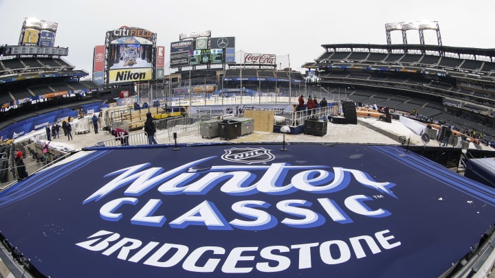 FLUSHING, NY – DECEMBER 31: Winter Classic logo displayed on New York Mets dugout during practice for the the New York Rangers and Buffalo Sabres Winter Classic NHL game on December 31, 2017, at Citi Field in Flushing, NY. (Photo by John Crouch/Icon Sportswire via Getty Images)