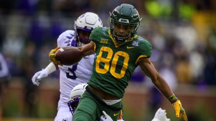 Nov 19, 2022; Waco, Texas, USA; Baylor Bears wide receiver Monaray Baldwin (80) in action during the game between the Baylor Bears and the TCU Horned Frogs at McLane Stadium. Mandatory Credit: Jerome Miron-USA TODAY Sports