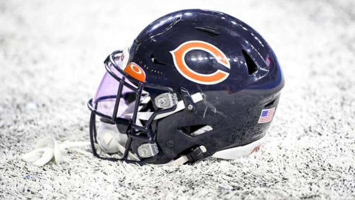 DETROIT, MICHIGAN - NOVEMBER 25: A Chicago Bears helmet is pictured after the game against the Detroit Lions at Ford Field on November 25, 2021 in Detroit, Michigan. (Photo by Nic Antaya/Getty Images)