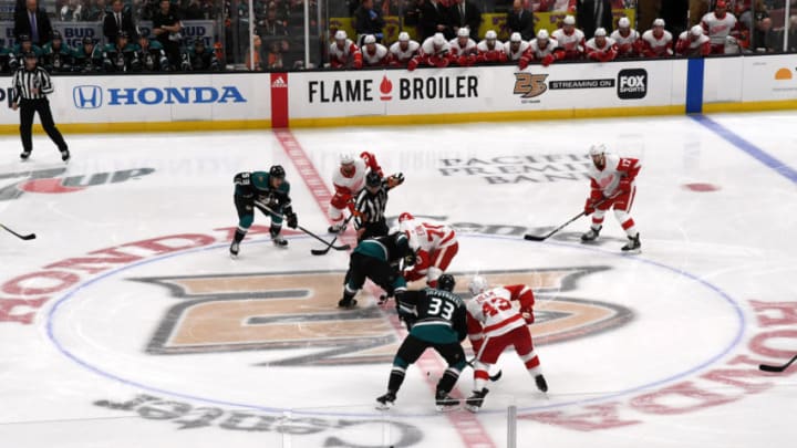 ANAHEIM, CA - OCTOBER 08: Anaheim Ducks and Detroit Red Wings during the opening face-off during the first period of a game played on October 8, 2018 at the Honda Center in Anaheim, CA. (Photo by John Cordes/Icon Sportswire via Getty Images)