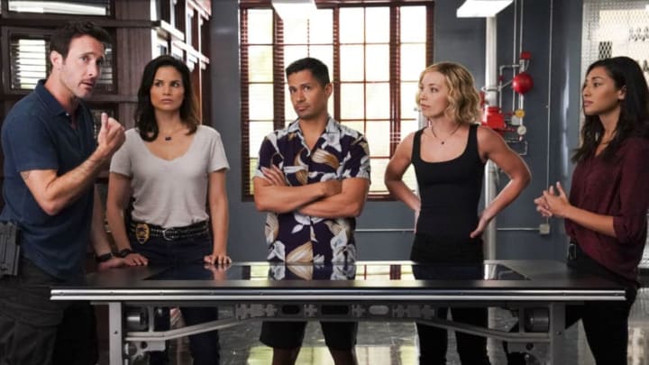 HAWAII FIVE-0: "Ihea 'oe i ka wa a ka ua e loku ana?" -- When a list of undercover CIA agents is stolen, Steve and Five-0 enlist the help of Magnum (Jay Hernandez), Higgins (Perdita Weeks), Rick (Zachary Knighton) and TC (Stephen Hill) to get it back and protect national security. Also, Higgins gives Tani some personal advice, on HAWAII FIVE-0, Friday, Jan. 3 (8:00-9:00 PM, ET/PT) on the CBS Television Network. Pictured L to R: Alex O'Loughlin as Steve McGarrett, Katrina Law as Quinn Liu, Jay Hernandez as Thomas Magnum, Perdita Weeks as Juliet Higgins, and Meaghan Rath as Tani Rey. Photo: Karen Neal/CBS ©2019 CBS Broadcasting, Inc. All Rights Reserved. ("Ihea 'oe i ka wa a ka ua e loku ana?" is Hawaiian for "Where were you when the rain was pouring?")
