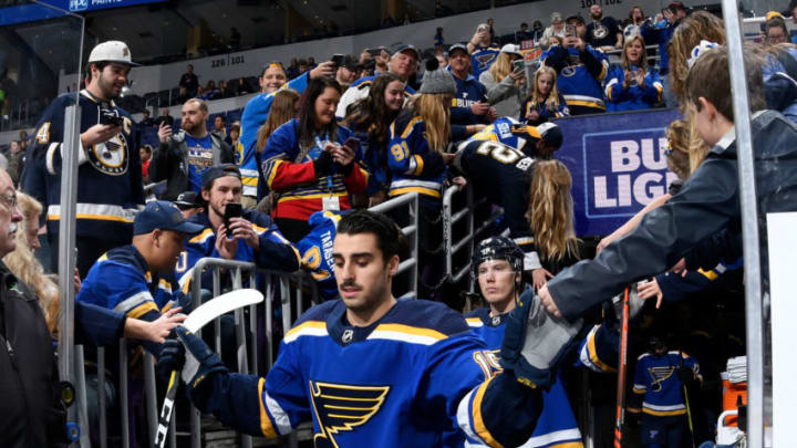 ST. LOUIS, MO - NOVEMBER 6: Robby Fabbri #15 of the St. Louis Blues greets fans before warmups against the Carolina Hurricanes at Enterprise Center on November 6, 2018 in St. Louis, Missouri. (Photo by Scott Rovak/NHLI via Getty Images)