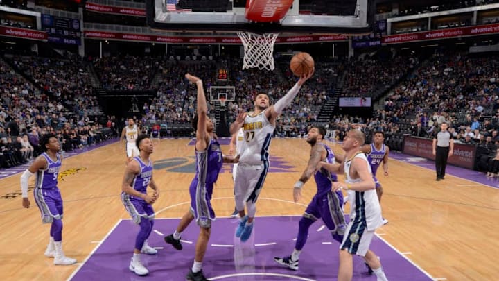 SACRAMENTO, CA - JANUARY 6: Jamal Murray #27 of the Denver Nuggets goes to the basket against the Sacramento Kings on January 6, 2018 at Golden 1 Center in Sacramento, California. NOTE TO USER: User expressly acknowledges and agrees that, by downloading and or using this Photograph, user is consenting to the terms and conditions of the Getty Images License Agreement. Mandatory Copyright Notice: Copyright 2018 NBAE (Photo by Rocky Widner/NBAE via Getty Images)
