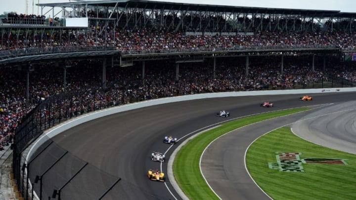 INDIANAPOLIS, IN - MAY 28: James Hinchcliffe of Canada, driver of the #5 Arrow Schmidt Peterson Motorsports Honda, leads a group of cars during the 101st Indianapolis 500 at Indianapolis Motorspeedway on May 28, 2017 in Indianapolis, Indiana. (Photo by Jared C. Tilton/Getty Images)