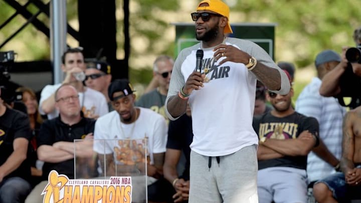 Jun 22, 2016; Cleveland, OH, USA; Cleveland Cavaliers forward LeBron James (23) talks to the crowd during the Cleveland Cavaliers NBA championship celebration in downtown Cleveland. Mandatory Credit: Ken Blaze-USA TODAY Sports