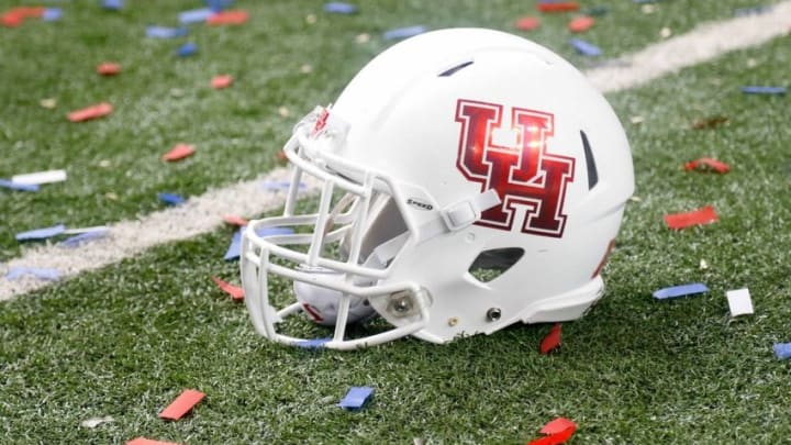 Dec 31, 2015; Atlanta, GA, USA; Detailed view of a Houston Cougars helmet on the field after a game against the Florida State Seminoles in the 2015 Chick-fil-A Peach Bowl at the Georgia Dome. Houston defeated Florida State 38-24. Mandatory Credit: Brett Davis-USA TODAY Sports