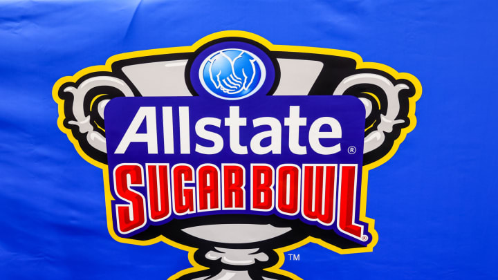 Jan 1, 2022; New Orleans, LA, USA; A detailed view of the Allstate Sugar Bowl logo Mandatory Credit: Stephen Lew-USA TODAY Sports