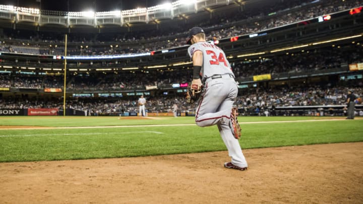 NEW YORK, NY - JUNE 09: Bryce Harper #34 of the Washington Nationals takes the field during the game against the New York Yankees at Yankee Stadium on Tuesday, June 9, 2015 in the Bronx borough of New York City. (Photo by Rob Tringali/MLB Photos via Getty Images)