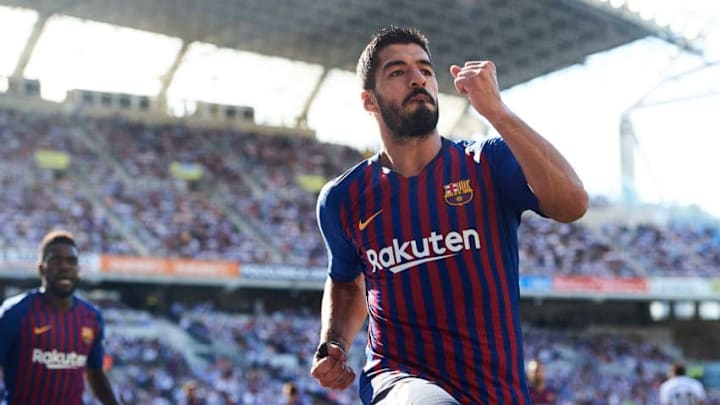 SAN SEBASTIAN, SPAIN - SEPTEMBER 15: Luis Suarez of FC Barcelona celebrates after scoring goal during the La Liga match between Real Sociedad de Futbol and FC Barcelona at Estadio Anoeta on September 15, 2018 in San Sebastian, Spain. (Photo by Juan Manuel Serrano Arce/Getty Images)