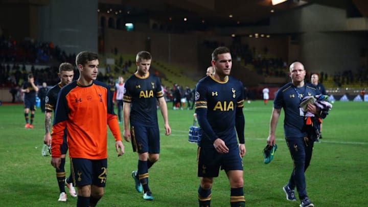 MONACO - NOVEMBER 22: Tottenham Hotspur team look dejected after the UEFA Champions League Group E match between AS Monaco FC and Tottenham Hotspur FC at Louis II Stadium on November 22, 2016 in Monaco. (Photo by Michael Steele/Getty Images)