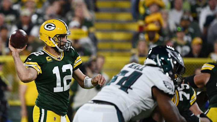 GREEN BAY, WISCONSIN - SEPTEMBER 26: Aaron Rodgers #12 of the Green Bay Packers looks to pass during a game against the Philadelphia Eagles at Lambeau Field on September 26, 2019 in Green Bay, Wisconsin. The Eagles defeated the Packers 34-27. (Photo by Stacy Revere/Getty Images)