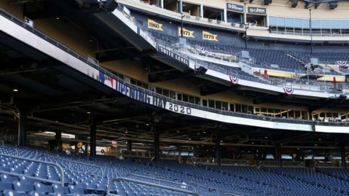 PITTSBURGH, PA - JULY 27: A view from the empty stands during Opening Day at PNC Park on July 27, 2020 in Pittsburgh, Pennsylvania. The 2020 season had been postponed since March due to the COVID-19 pandemic. (Photo by Justin K. Aller/Getty Images)