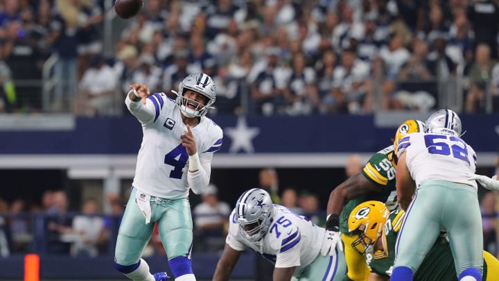 ARLINGTON, TEXAS – OCTOBER 06: Dak Prescott #4 of the Dallas Cowboys passes the ball against the Green Bay Packers at AT&T Stadium on October 06, 2019 in Arlington, Texas. (Photo by Richard Rodriguez/Getty Images)