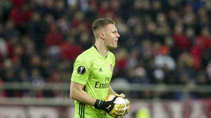 PIRAEUS, GREECE - FEBRUARY 20: Bernd Leno of Arsenal FC during the UEFA Europa League round of 32 first leg match between Olympiacos FC and Arsenal FC at Karaiskakis Stadium on February 20, 2020 in Piraeus, Greece. (Photo by MB Media/Getty Images)