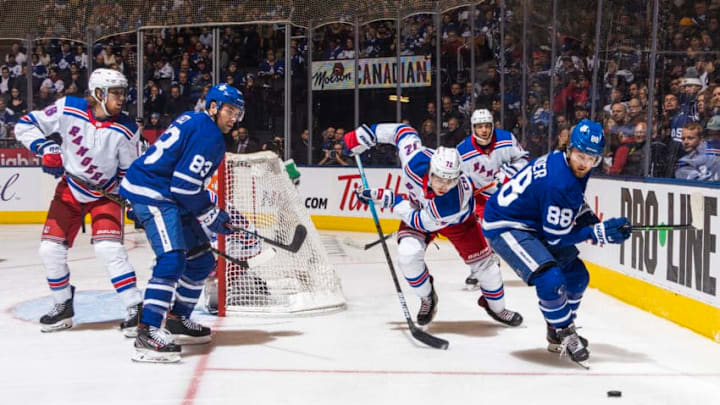 TORONTO, ON - DECEMBER 28: Cody Ceci #83 of the Toronto Maple Leafs and William Nylander #88 skate against Filip Chytil #72 of the New York Rangers during the third period at the Scotiabank Arena on December 28, 2019 in Toronto, Ontario, Canada. (Photo by Mark Blinch/NHLI via Getty Images)