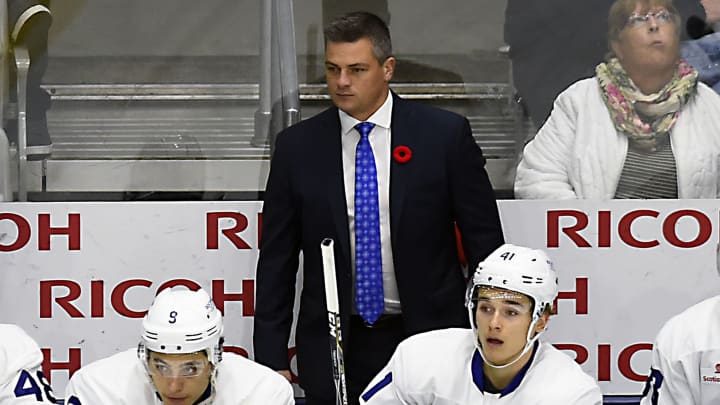 TORONTO, ON – OCTOBER 28: Head Coach Sheldon Keefe of the Toronto Marlies watches the play develop against the Laval Rocket during AHL game action on October 28, 2017 at Ricoh Coliseum in Toronto, Ontario, Canada. (Photo by Graig Abel/Getty Images)