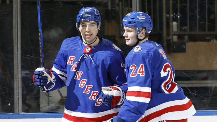 NEW YORK, NEW YORK – APRIL 29: Filip Chytil #72 and Kaapo Kakko #24 of the New York Rangers react after Chytil scored during the second period against the Washington Capitals at Madison Square Garden on April 29, 2022, in New York City. (Photo by Sarah Stier/Getty Images)