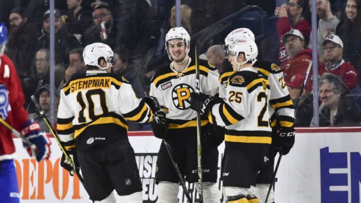 LAVAL, QC - MARCH 20: Lee Stempniak #10, Zachary Senyshyn #9 and Cooper Zech #25 of the Providence Bruins celebrate a second period goal by Jakob Forsbacka-Karlsson #23 against the Laval Rocket during the AHL game at Place Bell on March 20, 2019 in Laval, Quebec, Canada. (Photo by Minas Panagiotakis/Getty Images)