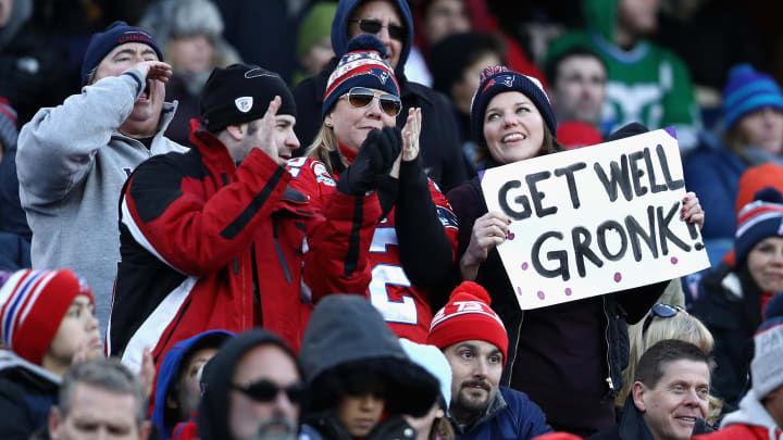 FOXBORO, MA – DECEMBER 04: A fan holds a sign in support of Rob Gronkowski