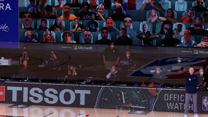LAKE BUENA VISTA, FLORIDA - AUGUST 23: A Tissot ad is shown during the second quarter in a game between the Utah Jazz and the Denver Nuggets in Game Four of the Western Conference First Round during the 2020 NBA Playoffs at AdventHealth Arena at ESPN Wide World Of Sports Complex on August 23, 2020 in Lake Buena Vista, Florida. NOTE TO USER: User expressly acknowledges and agrees that, by downloading and or using this photograph, User is consenting to the terms and conditions of the Getty Images License Agreement. (Photo by Kevin C. Cox/Getty Images)