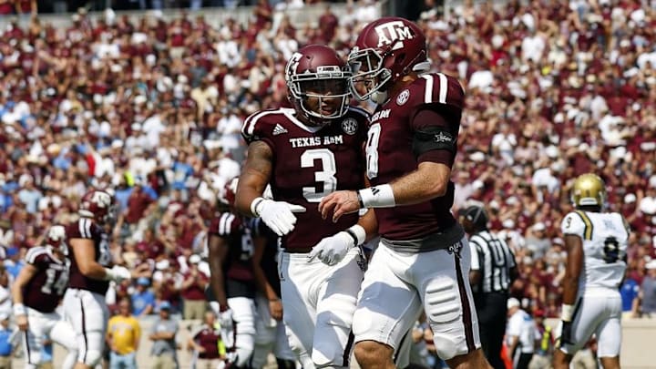Sep 3, 2016; College Station, TX, USA; Texas A&M Aggies wide receiver Christian Kirk (3) and quarterback Trevor Knight (8) celebrate the touchdown against the UCLA Bruins during the second quarter at Kyle Field. Mandatory Credit: Ray Carlin-USA TODAY Sports