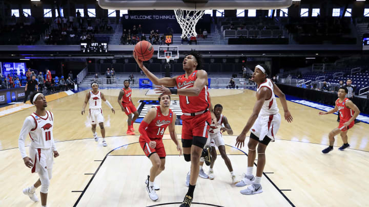 INDIANAPOLIS, INDIANA – MARCH 21: Terrence Shannon Jr. #1 of the Texas Tech Red Raiders goes for a lay-up during the first half against the Arkansas Razorbacks in the second round game of the 2021 NCAA Men’s Basketball Tournament at Hinkle Fieldhouse on March 21, 2021 in Indianapolis, Indiana. (Photo by Andy Lyons/Getty Images)