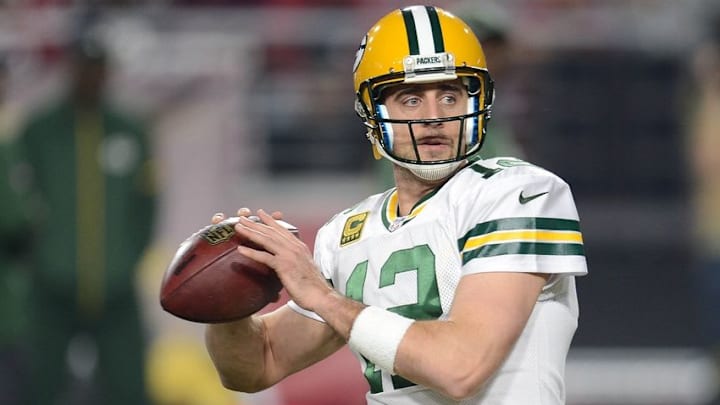 Jan 16, 2016; Glendale, AZ, USA; Green Bay Packers quarterback Aaron Rodgers (12) against the Arizona Cardinals in the first quarter of a NFC Divisional round playoff game at University of Phoenix Stadium. Mandatory Credit: Mark J. Rebilas-USA TODAY Sports Jan 16, 2016; Glendale, AZ, USA; Green Bay Packers quarterback Aaron Rodgers (12) against the Arizona Cardinals in the first quarter of a NFC Divisional round playoff game at University of Phoenix Stadium. Mandatory Credit: Mark J. Rebilas-USA TODAY Sports