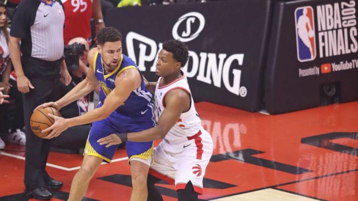 Klay Thompson #11 of the Golden State Warriors plays against Kyle Lowry #7 of the Toronto Raptors during Game Five of the 2019 NBA Finals at Scotiabank Arena on June 10, 2019 in Toronto, Canada. NOTE TO USER: User expressly acknowledges and agrees that, by downloading and or using this photograph, User is consenting to the terms and conditions of the Getty Images License Agreement. (Photo by Claus Andersen/Getty Images)