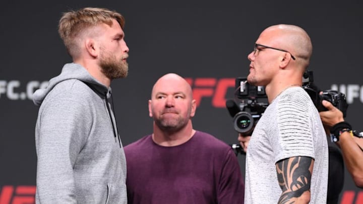 ATLANTA, GA - APRIL 12: (L-R) Alexander Gustafsson of Sweden and Anthony Smith face off during the UFC Seasonal Press Conference inside State Farm Arena on April 12, 2019 in Atlanta, Georgia. (Photo by Josh Hedges/Zuffa LLC/Zuffa LLC via Getty Images)