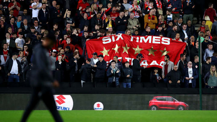 MILTON KEYNES, ENGLAND - SEPTEMBER 25: Liverpool fans hold up a banner as Jurgen Klopp, Manager of Liverpool walks on the pitch after the Carabao Cup Third Round match between Milton Keynes Dons and Liverpool FC at Stadium MK on September 25, 2019 in Milton Keynes, England. (Photo by Julian Finney/Getty Images)