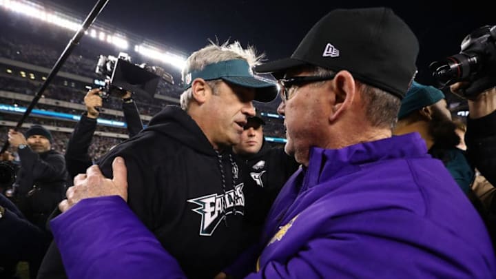 PHILADELPHIA, PA - JANUARY 21: Head Coach Doug Pederson of the Philadelphia Eagles meets Head Coach Mike Zimmer of the Minnesota Vikings after winning 38-7 in the NFC Championship game at Lincoln Financial Field on January 21, 2018 in Philadelphia, Pennsylvania. (Photo by Al Bello/Getty Images)