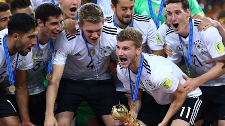 SAINT PETERSBURG, RUSSIA - JULY 02: Timo Werner of Germany lifts the FIFA Confederations Cup trophy after the FIFA Confederations Cup Russia 2017 Final between Chile and Germany at Saint Petersburg Stadium on July 2, 2017 in Saint Petersburg, Russia. (Photo by Buda Mendes/Getty Images)