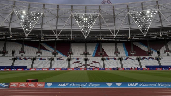 Jul 21, 2016; London, United Kingdom; General view of the seats at Olympic Stadium with the team name West Ham United F.C. prior to the London Anniversary Games. Mandatory Credit: Kirby Lee-USA TODAY Sports