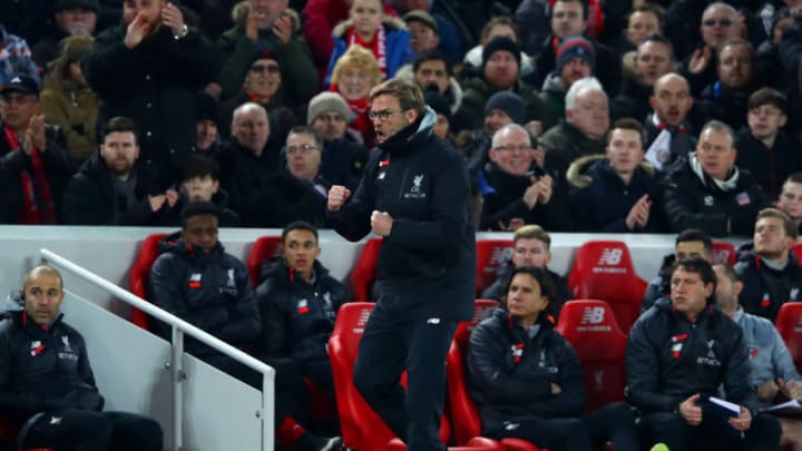 LIVERPOOL, ENGLAND - FEBRUARY 11: Jurgen Klopp, Manager of Liverpool reacts during the Premier League match between Liverpool and Tottenham Hotspur at Anfield on February 11, 2017 in Liverpool, England. (Photo by Clive Brunskill/Getty Images)