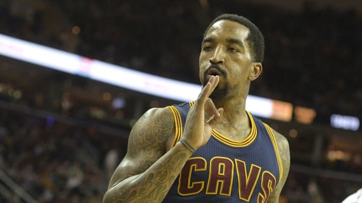 Mar 23, 2016; Cleveland, OH, USA; Cleveland Cavaliers guard J.R. Smith (5) celebrates his three point basket late in the fourth quarter against the Milwaukee Bucks at Quicken Loans Arena. Mandatory Credit: David Richard-USA TODAY Sports