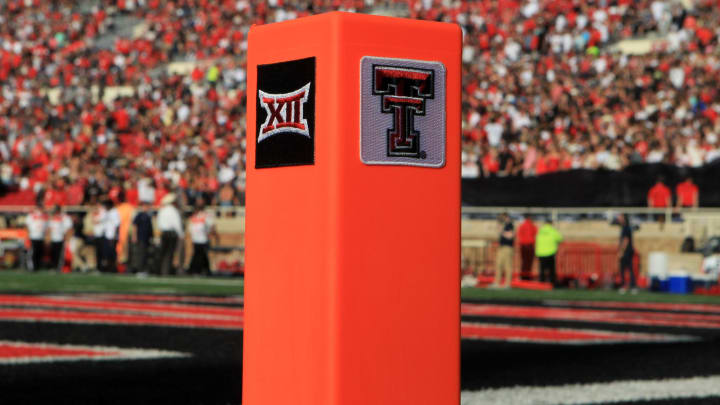 Sep 18, 2021; Lubbock, Texas, USA; A detailed view of the pylon during the game between the Florida International Panthers Texas and the Tech Red Raiders at Jones AT&T Stadium. Mandatory Credit: Michael C. Johnson-USA TODAY Sports