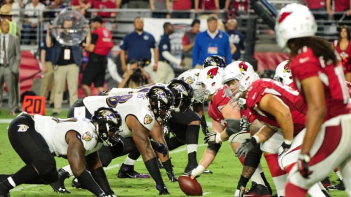 Oct 26, 2015; Glendale, AZ, USA; the Arizona Cardinals offense squares off against the Baltimore Ravens defense during the second half at University of Phoenix Stadium. Mandatory Credit: Matt Kartozian-USA TODAY Sports