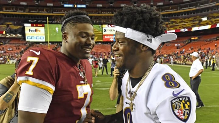 Aug 29, 2019; Landover, MD, USA; Washington Redskins quarterback Dwayne Haskins (7) and Baltimore Ravens quarterback Lamar Jackson (8) shake hands after the game at FedExField. Mandatory Credit: Brad Mills-USA TODAY Sports