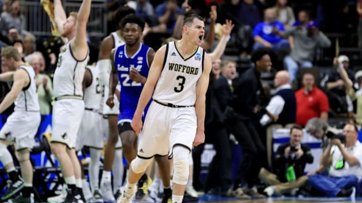 JACKSONVILLE, FLORIDA - MARCH 21: Fletcher Magee #3 of the Wofford Terriers reacts in the second half against the Seton Hall Pirates during the first round of the 2019 NCAA Men's Basketball Tournament at Jacksonville Veterans Memorial Arena on March 21, 2019 in Jacksonville, Florida. (Photo by Mike Ehrmann/Getty Images)