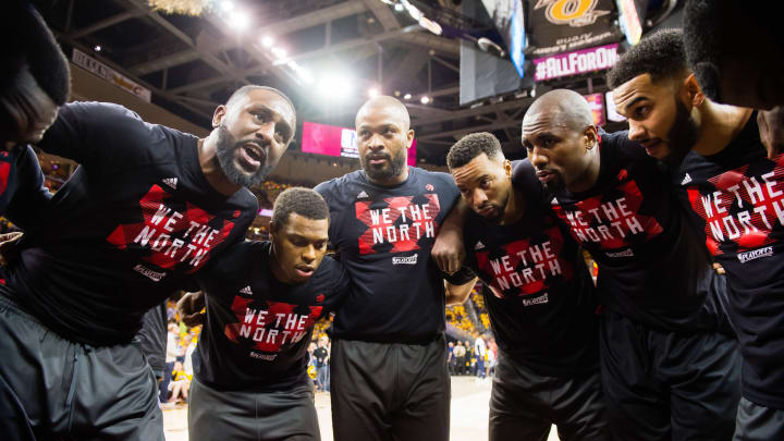 CLEVELAND, OH – MAY 1: Patrick Patterson #54 of the Toronto Raptors leads his teammates in a huddle prior to Game One of the NBA Eastern Conference semifinals game one against the Cleveland Cavaliers at Quicken Loans Arena on May 1, 2017 in Cleveland, Ohio. NOTE TO USER: User expressly acknowledges and agrees that, by downloading and or using this photograph, User is consenting to the terms and conditions of the Getty Images License Agreement. (Photo by Jason Miller/Getty Images)