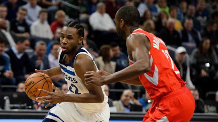 MINNEAPOLIS, MN - FEBRUARY 13: Andrew Wiggins #22 of the Minnesota Timberwolves drives to the basket against Luc Mbah a Moute #12 of the Houston Rockets during the game on February 13, 2018 at the Target Center in Minneapolis, Minnesota. NOTE TO USER: User expressly acknowledges and agrees that, by downloading and or using this Photograph, user is consenting to the terms and conditions of the Getty Images License Agreement. (Photo by Hannah Foslien/Getty Images)