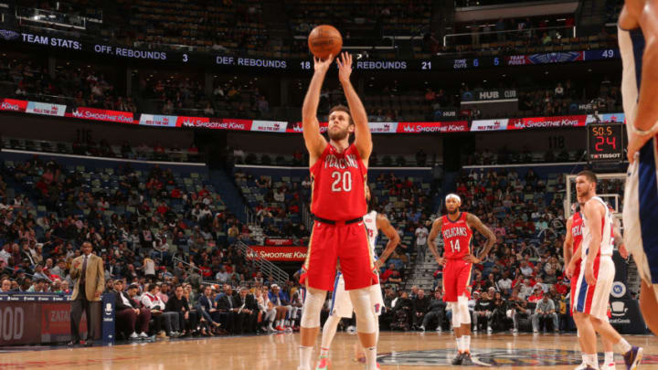 NEW ORLEANS, LA - DECEMBER 9: Nicolo Melli #20 of the New Orleans Pelicans shoots a free throw against the Detroit Pistons on December 9, 2019 at the Smoothie King Center in New Orleans, Louisiana. NOTE TO USER: User expressly acknowledges and agrees that, by downloading and or using this Photograph, user is consenting to the terms and conditions of the Getty Images License Agreement. Mandatory Copyright Notice: Copyright 2019 NBAE (Photo by Layne Murdoch Jr./NBAE via Getty Images)