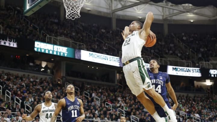 EAST LANSING, MI - JANUARY 31: Miles Bridges #22 of the Michigan State Spartans dunks the ball during a game against the Penn State Nittany Lions at Breslin Center on January 31, 2018 in East Lansing, Michigan. (Photo by Rey Del Rio/Getty Images)