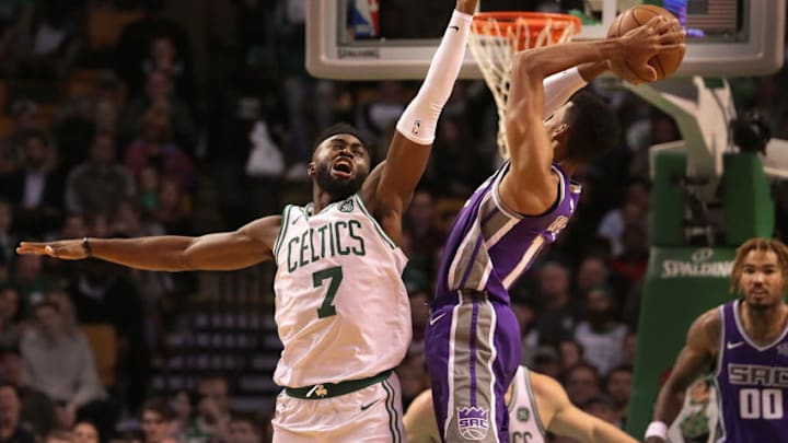 BOSTON - NOVEMBER 1: Boston Celtics guard Jaylen Brown (7) goes up for the block on Sacramento Kings guard Garrett Temple (17) during the second quarter. The Boston Celtics host the Sacramento Kings in a regular season NBA basketball game at TD Garden in Boston on Nov. 1, 2017. (Photo by Barry Chin/The Boston Globe via Getty Images)